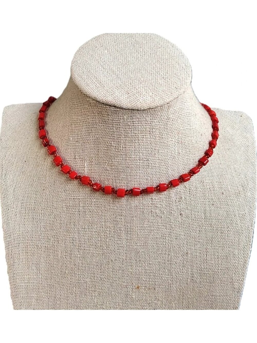 Dyed Red Bamboo Coral? Glass Seed Bead Beaded Necklace Short Choker